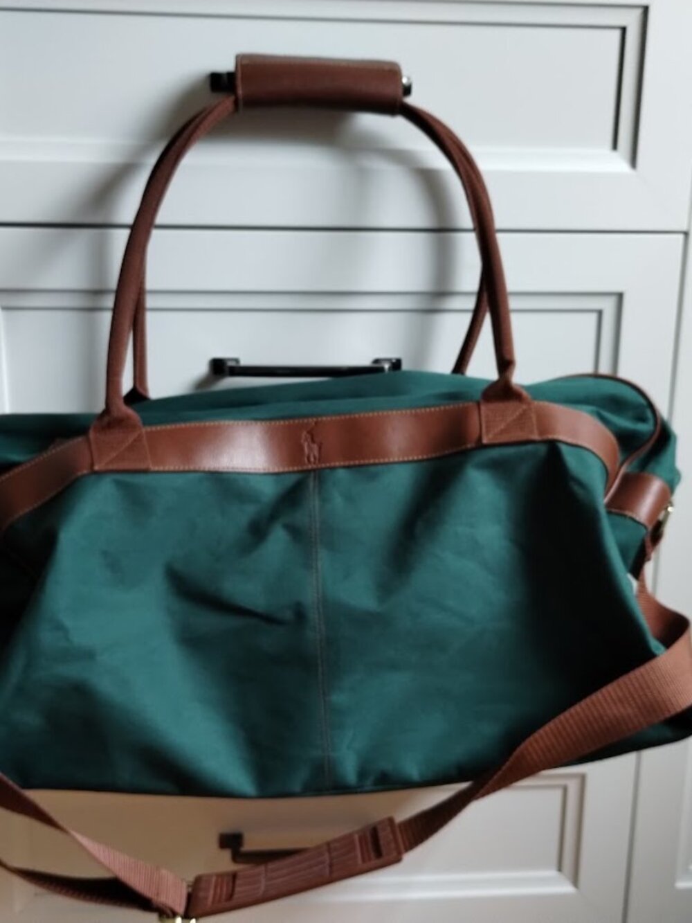 Polo Ralph Lauren Green Canvas Duffle Bag Brown Faux Leather Made for Fregrances